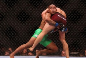 Demetrious Johnson taking down Joseph Benavidez to win the UFC flyweight title. 